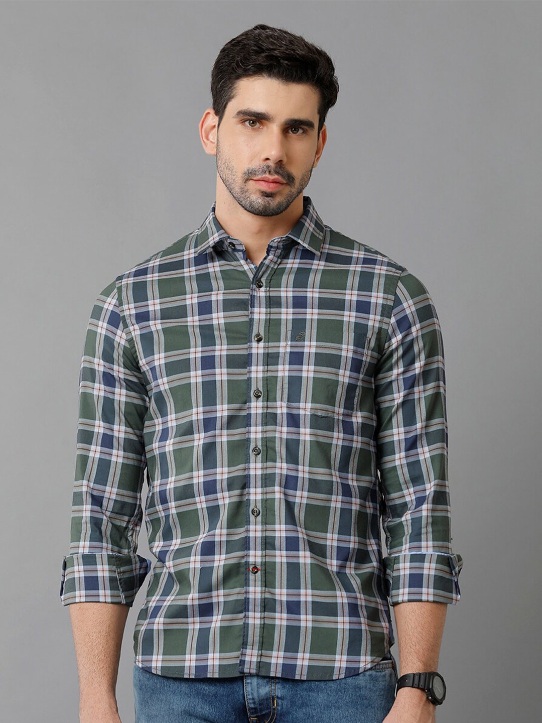 

Double Two India Slim Fit Tartan Checked Spread Collar Cotton Casual Shirt, Green