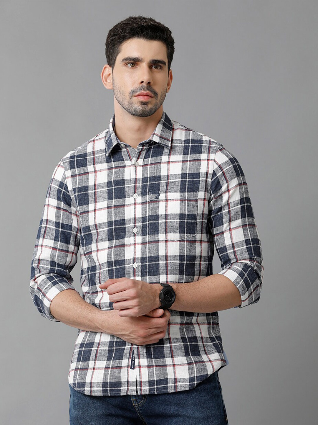 

Double Two India Slim Fit Tartan Checked Spread Collar Cotton Casual Shirt, Grey