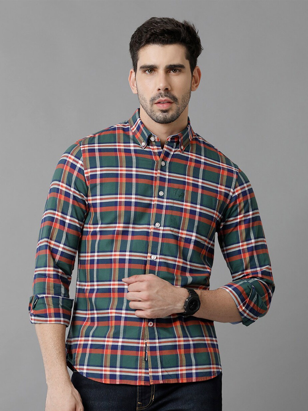 

Double Two Slim Fit Tartan Checked Cotton Casual Shirt, Green