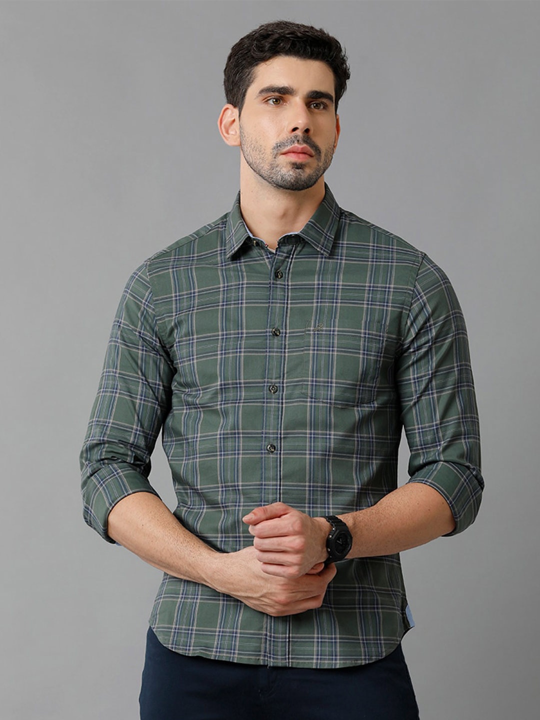 

Double Two India Slim Fit Checked Spread Collar Cotton Casual Shirt, Green