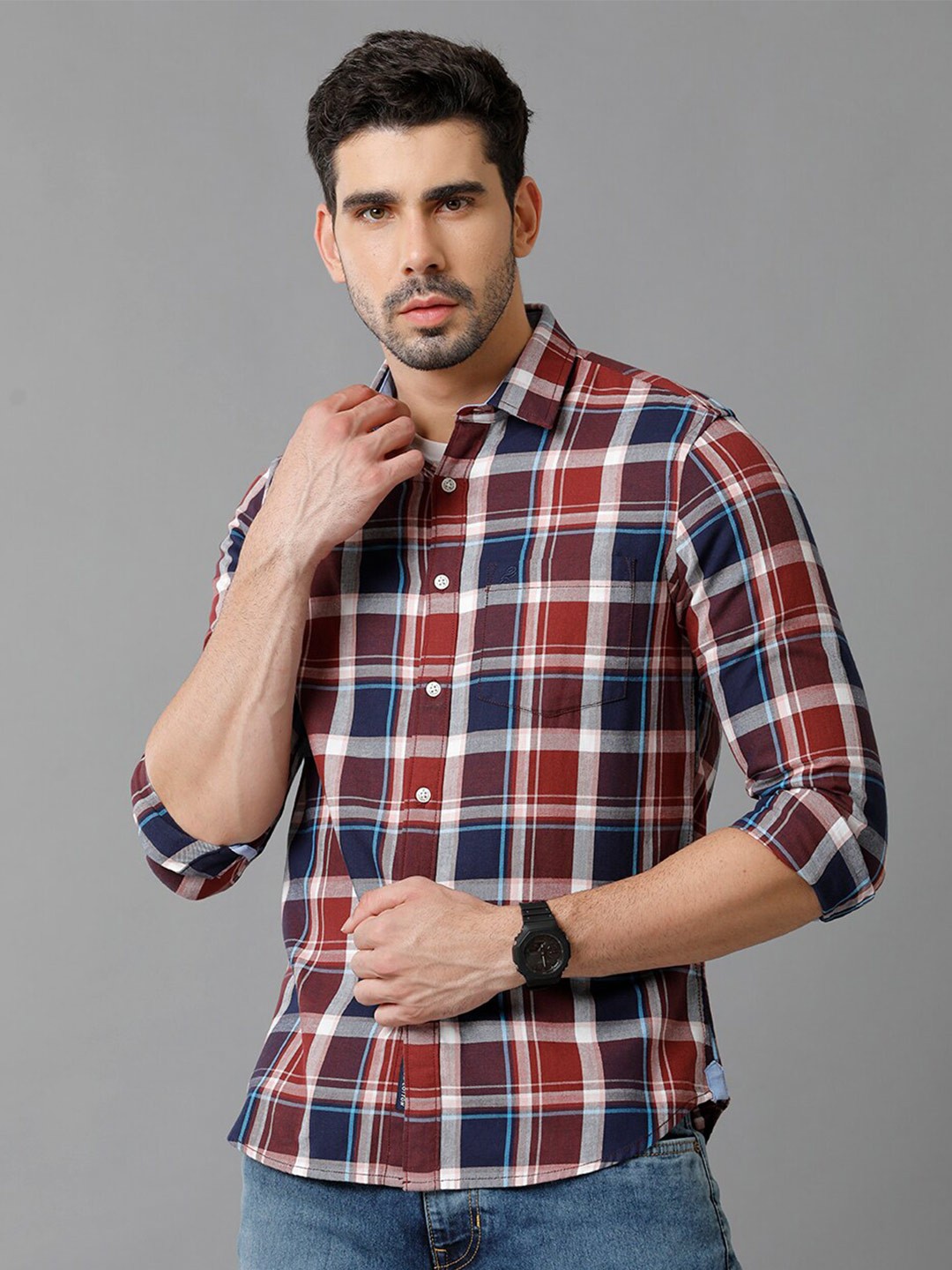 

Double Two Slim Fit Tartan Checked Cotton Casual Shirt, Maroon