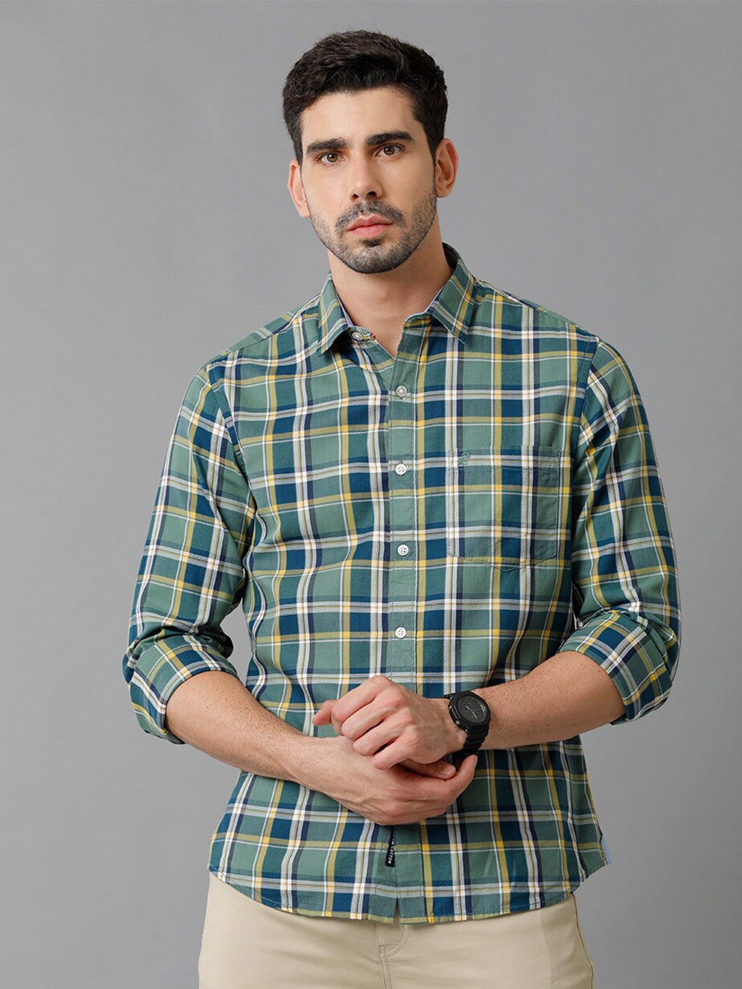 

Double Two Slim Fit Tartan Checked Cotton Casual Shirt, Green