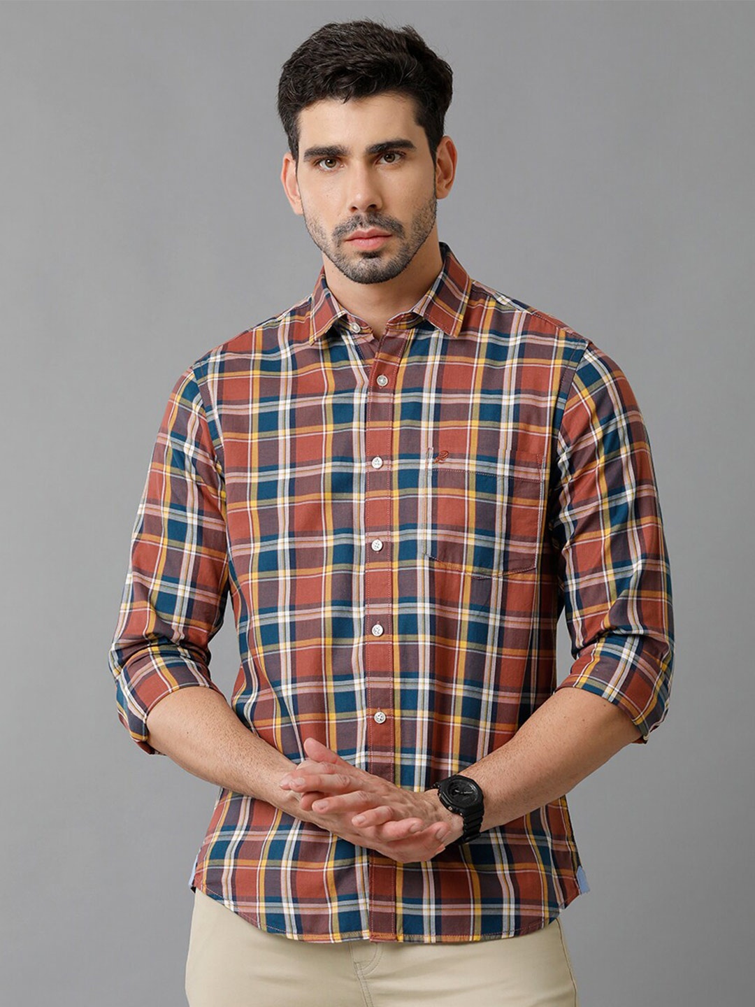 

Double Two Slim Fit Tartan Checked Cotton Casual Shirt, Maroon