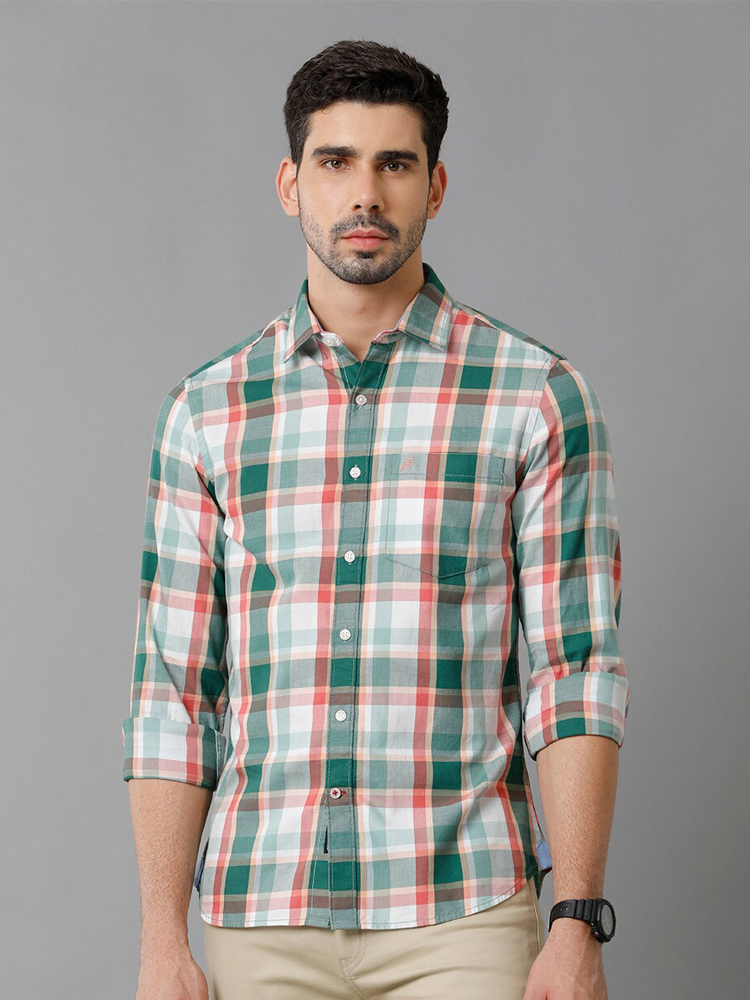

Double Two Slim Fit Tartan Checked Cotton Casual Shirt, Green