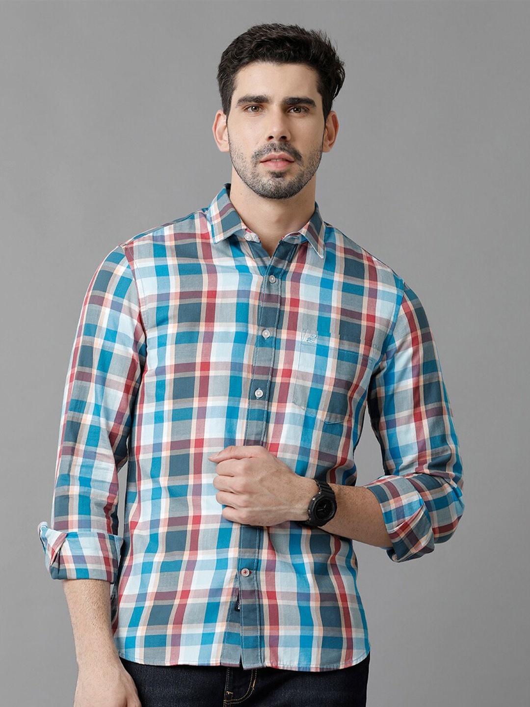 

Double Two Slim Fit Tartan Checked Cotton Casual Shirt, Turquoise blue