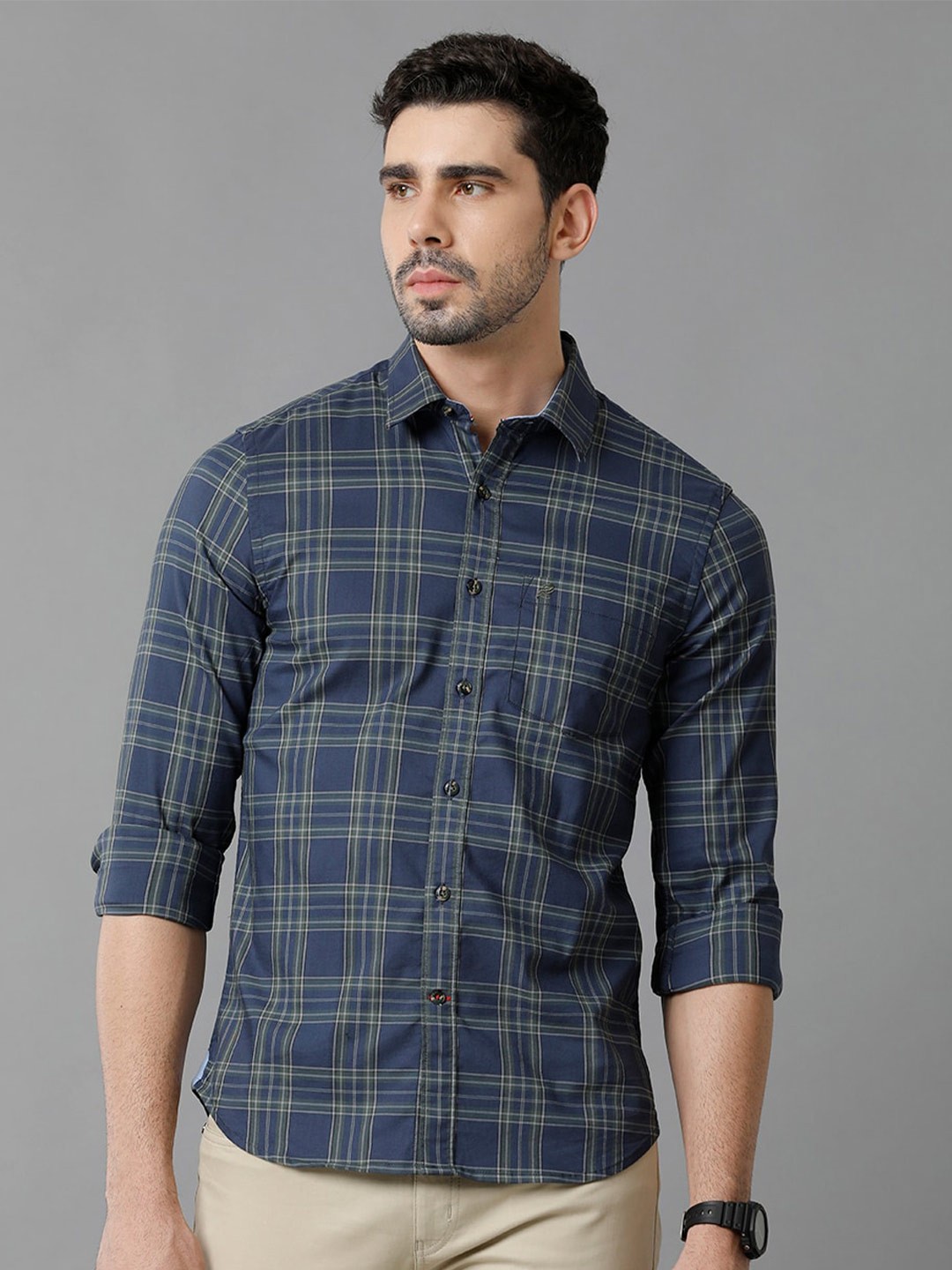 

Double Two Slim Fit Tartan Checked Cotton Casual Shirt, Navy blue