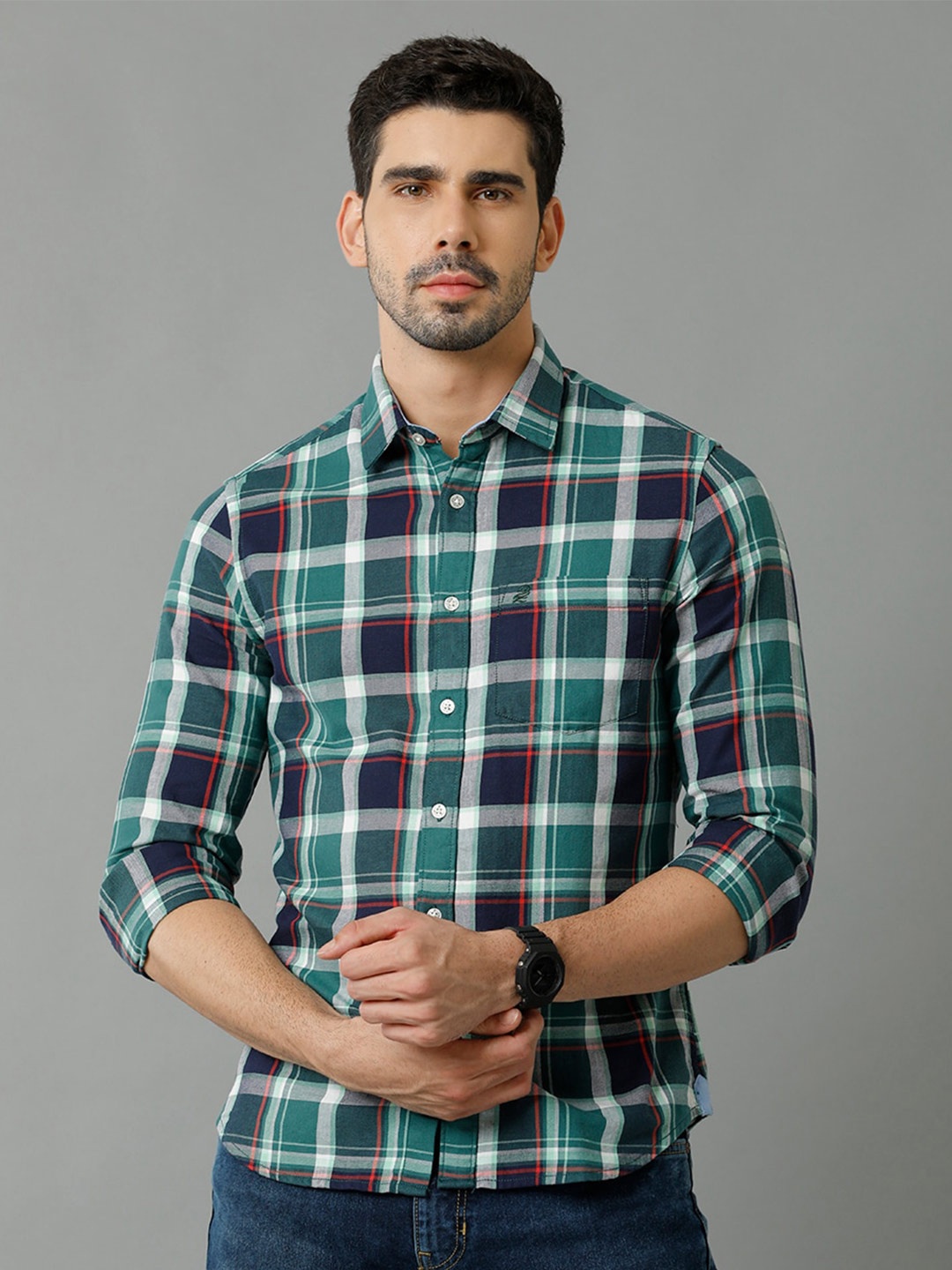 

Double Two India Slim Fit Tartan Checked Spread Collar Cotton Casual Shirt, Green