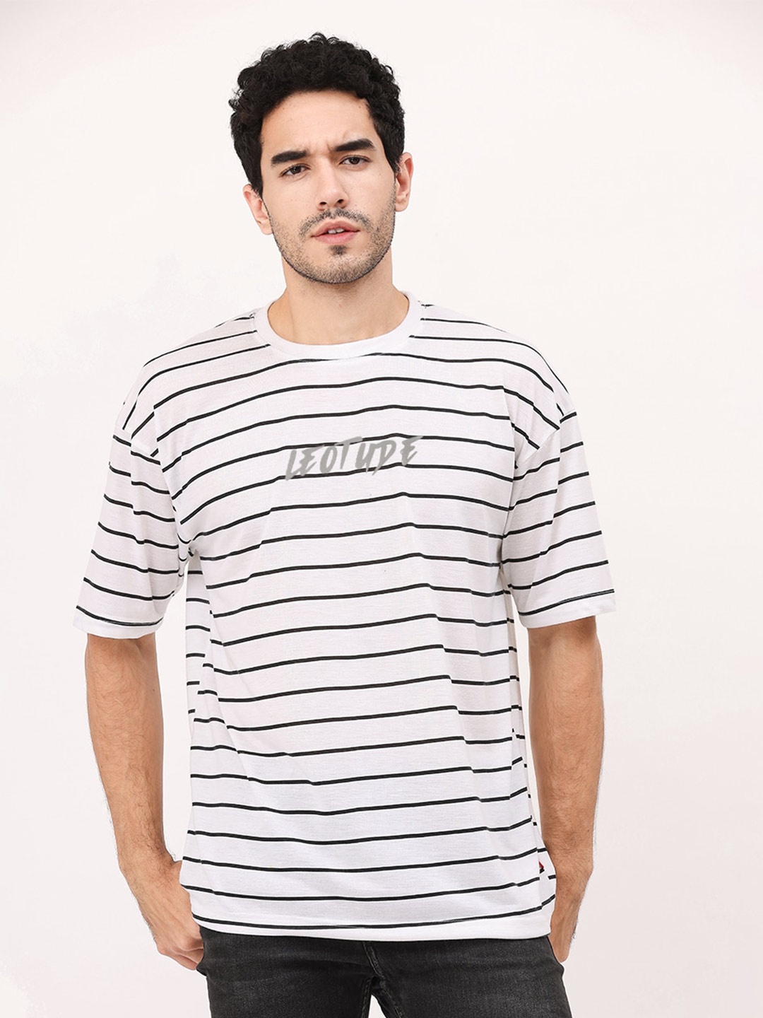 

Leotude Striped Round Neck Drop-Shoulder Sleeve Cotton T-shirt, White