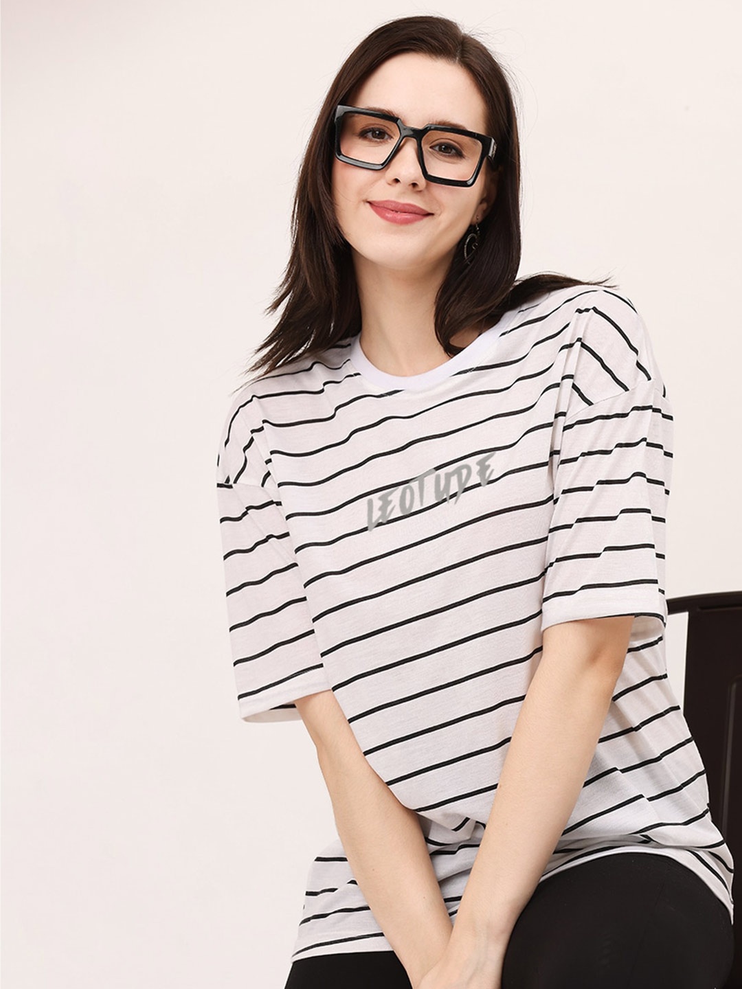 

Leotude Striped Round Neck Drop-Shoulder Sleeve Cotton T-shirt, White