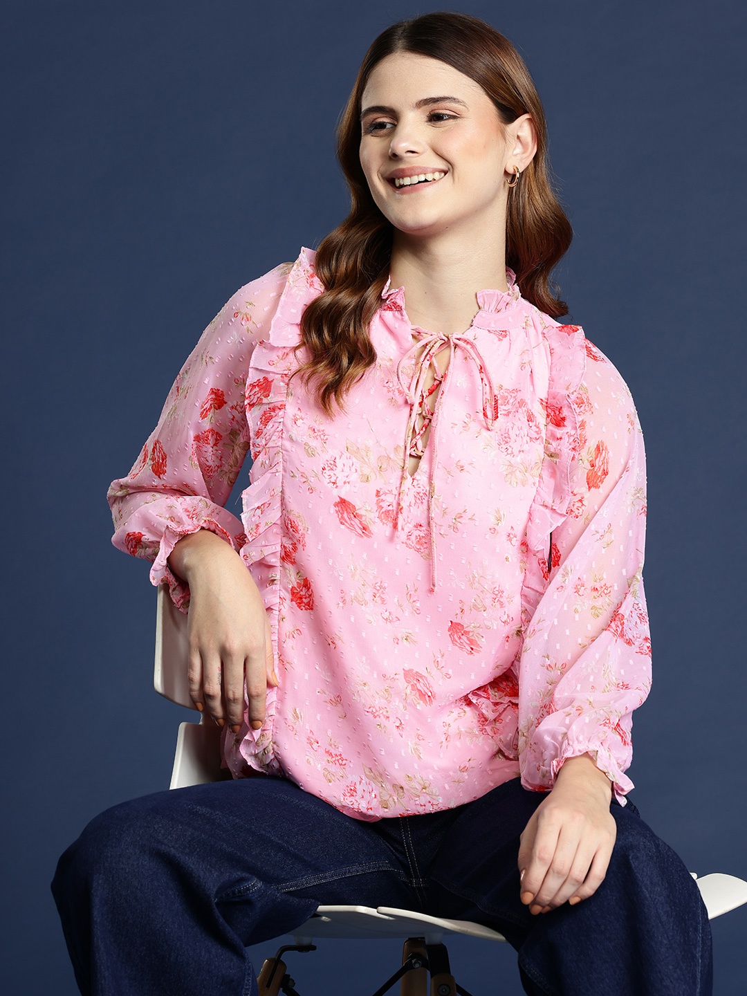 

Mast & Harbour Floral Print Tie-Up Neck Puff Sleeve Top, Pink