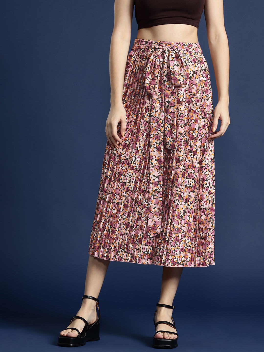 

Mast & Harbour Floral Printed Tie-Up Detail Accordion Pleated A-Line Midi Skirt, Black