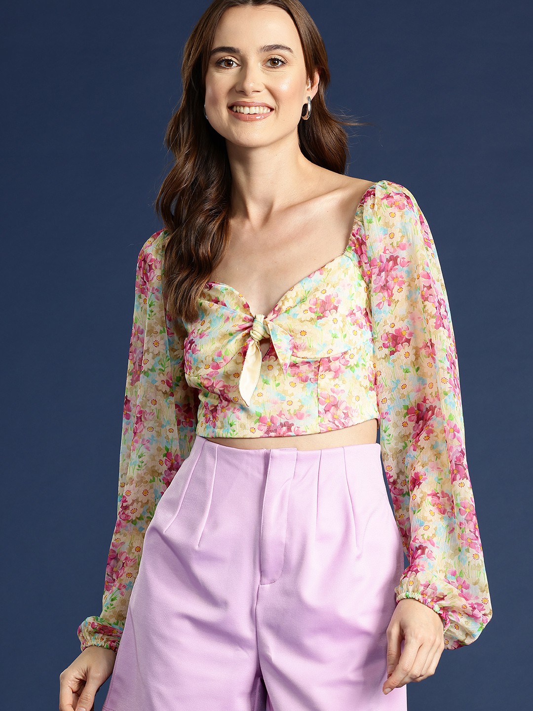 

Mast & Harbour Floral Print Sweetheart Neck Crop Top, Cream