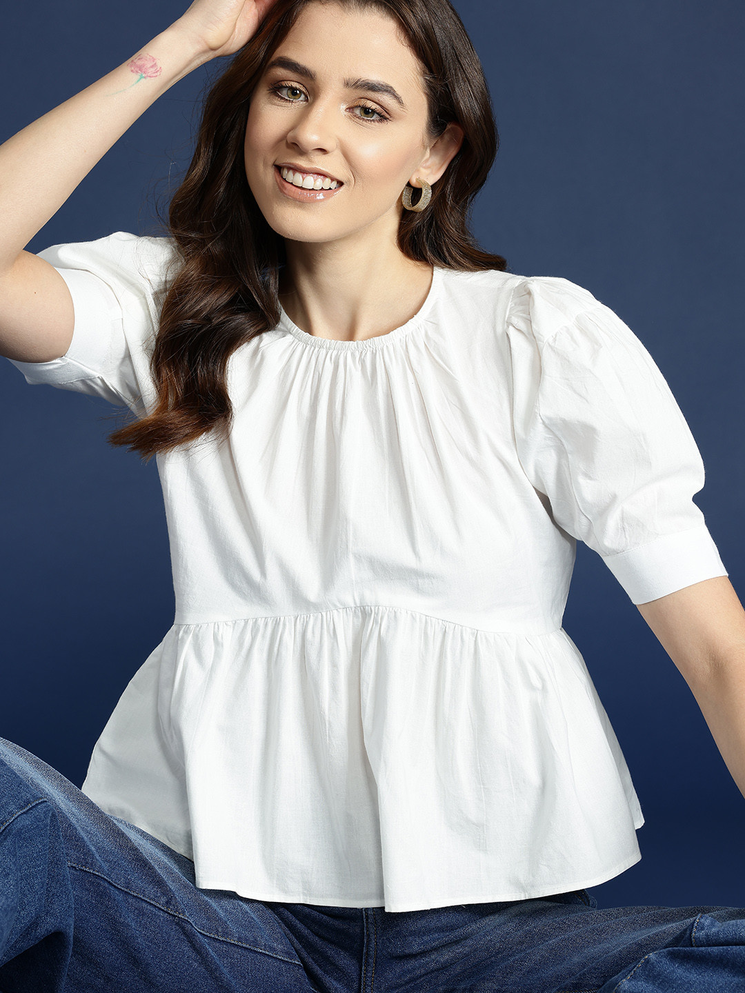 

Mast & Harbour Pure Cotton Gathered Detail Puff Sleeves Peplum Top, White