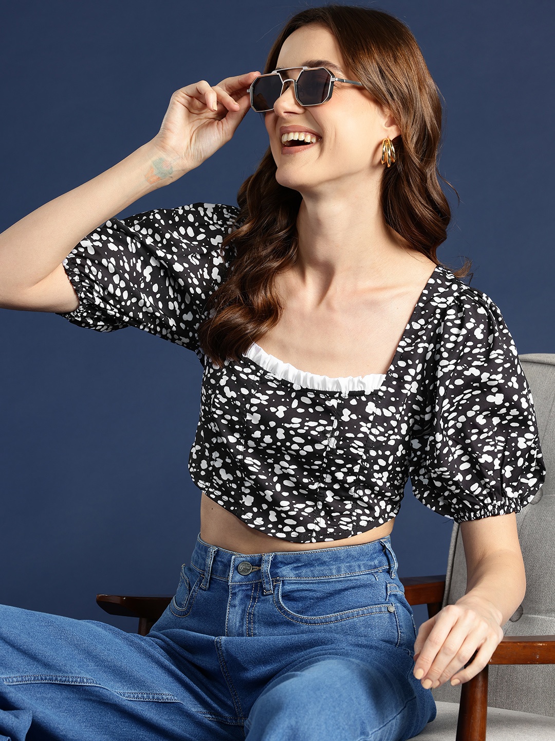 

Mast & Harbour Monochrome Print Puff Sleeve Ruffles Styled Back Crop Top, Black