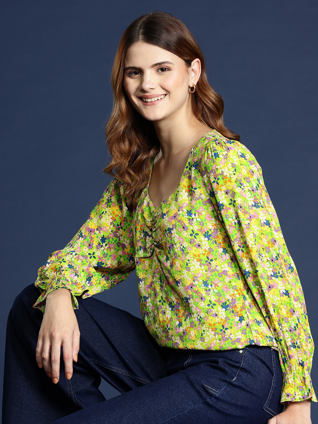 

Mast & Harbour Floral Print Sweetheart Neck Ruched Bell Sleeve Top, Green