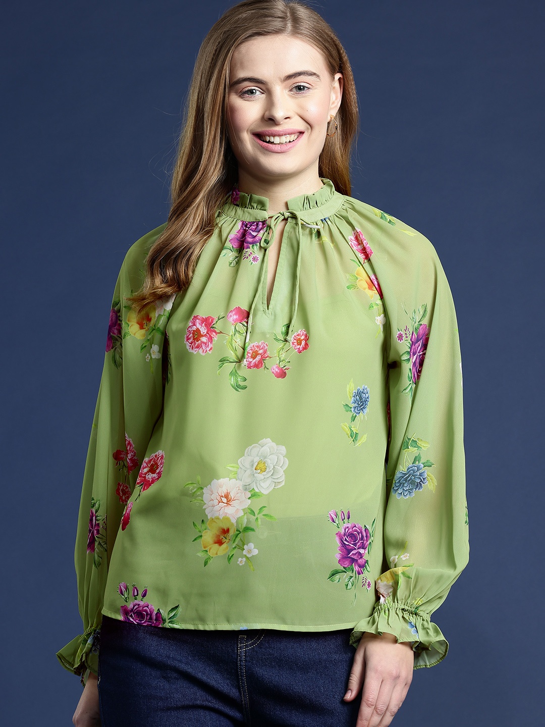 

Mast & Harbour Floral Print Tie-Up Neck Bell Sleeve Top & Camisole, Green