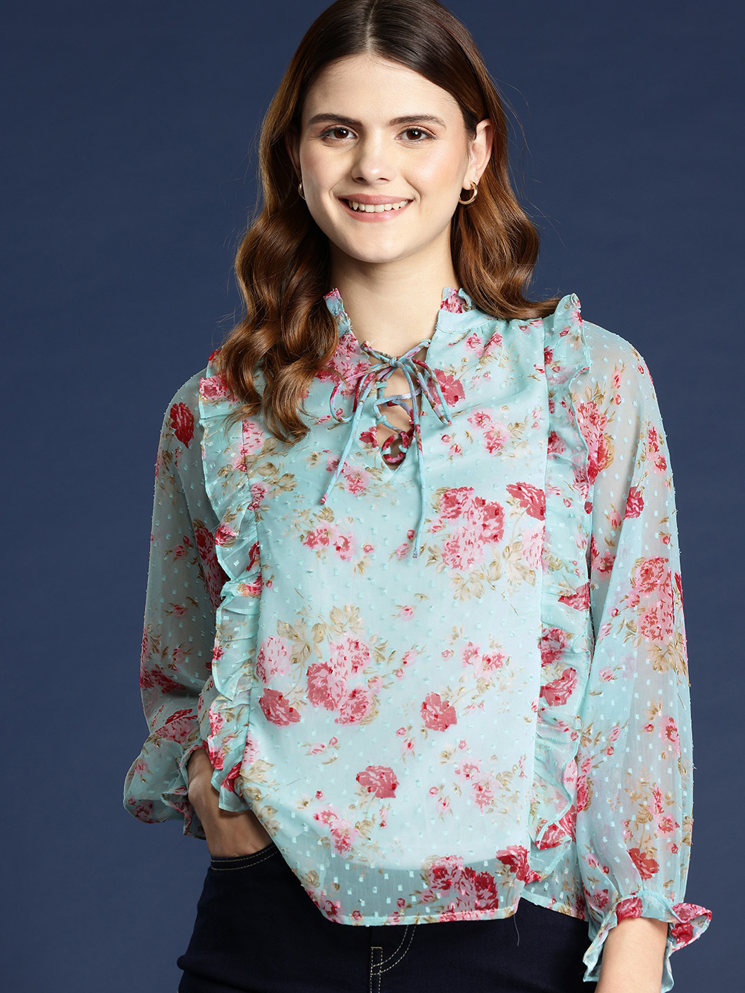 

Mast & Harbour Floral Print Tie-Up Neck Puff Sleeve Top, Blue