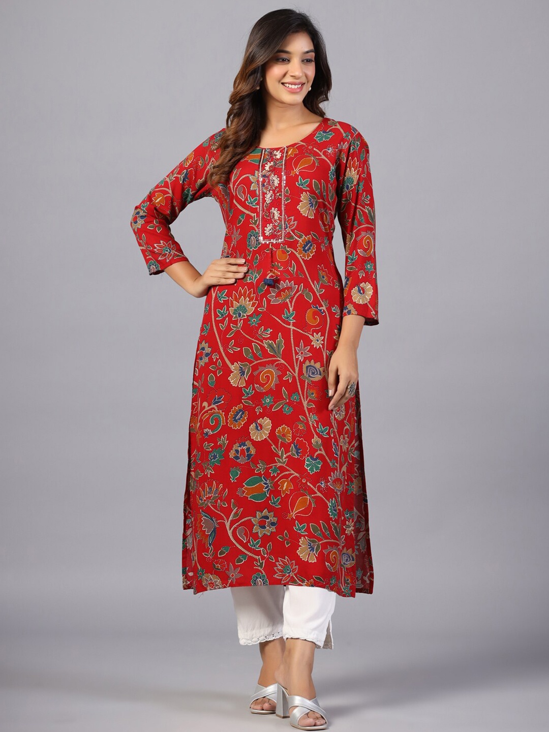 Amchoor Floral Printed Beads And Stones Straight Kurta, Red