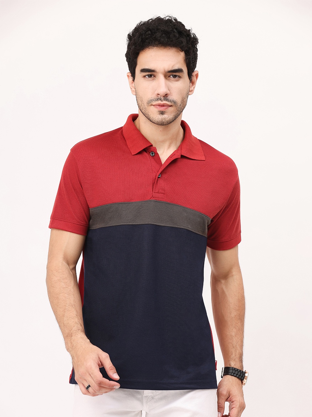 

Leotude Polo Collar Colourbocked Cotton T-shirt, Maroon