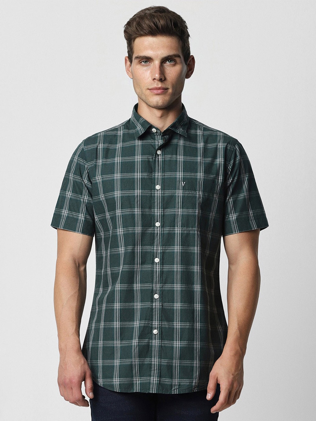 

Van Heusen Sport Slim Fit Tartan Checked Pure Cotton Casual Shirt, Green