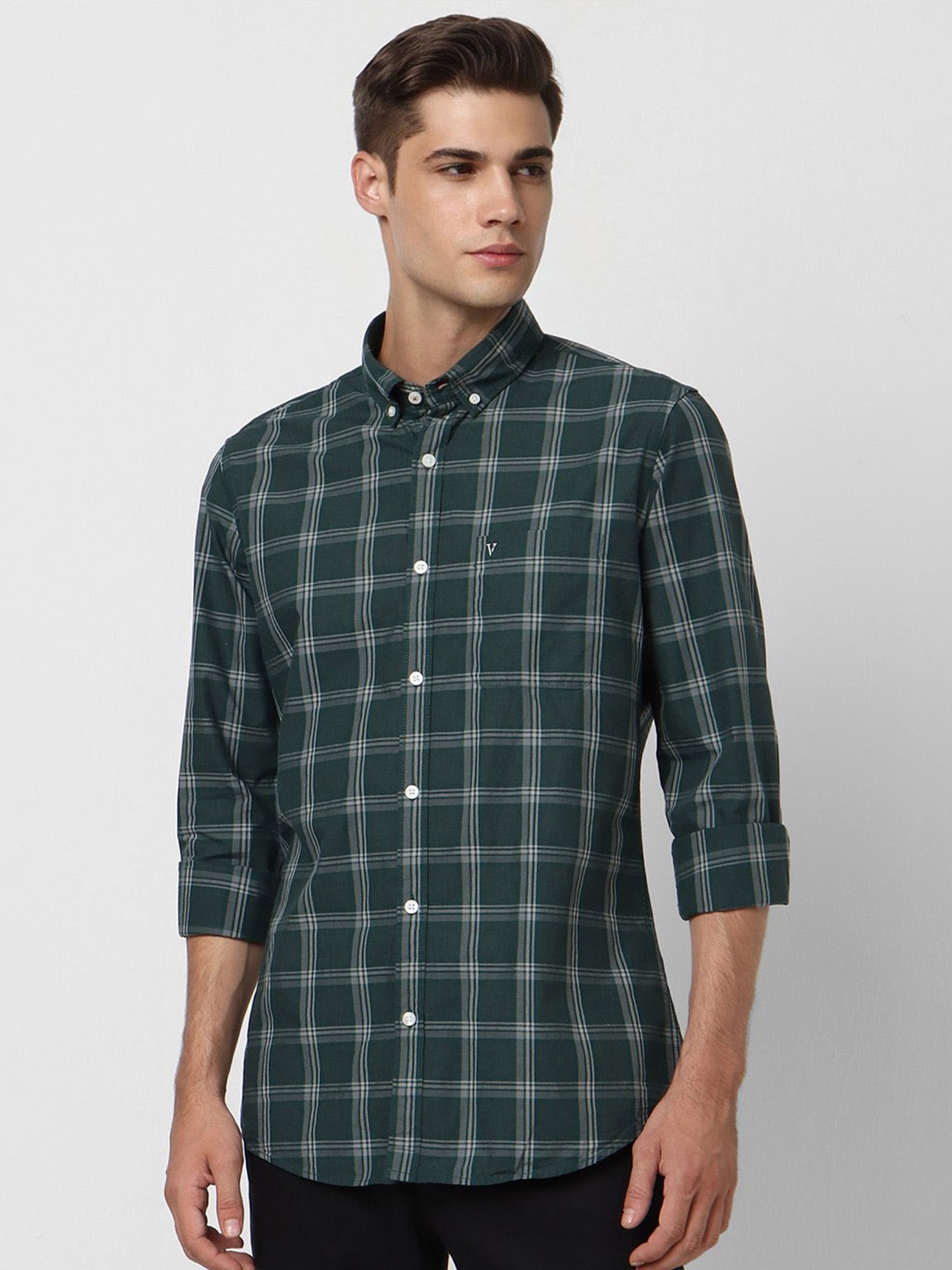 

Van Heusen Sport Others Checked Button-Down Collar Slim Fit Pure Cotton Casual Shirt, Green