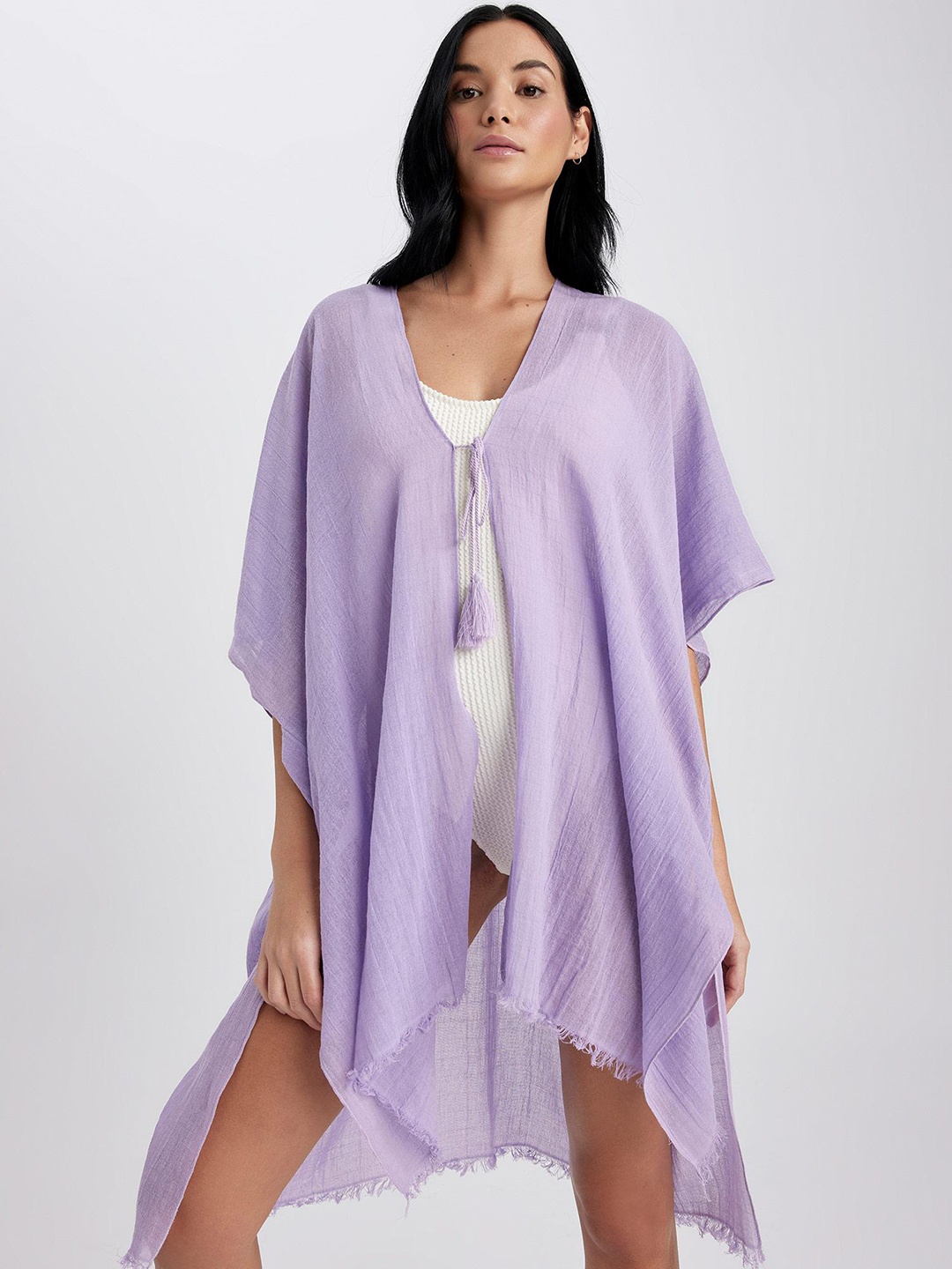 

DeFacto Pure Cotton Kaftan Style Cover-Up Shrug with Tie-Up Detail, Lavender