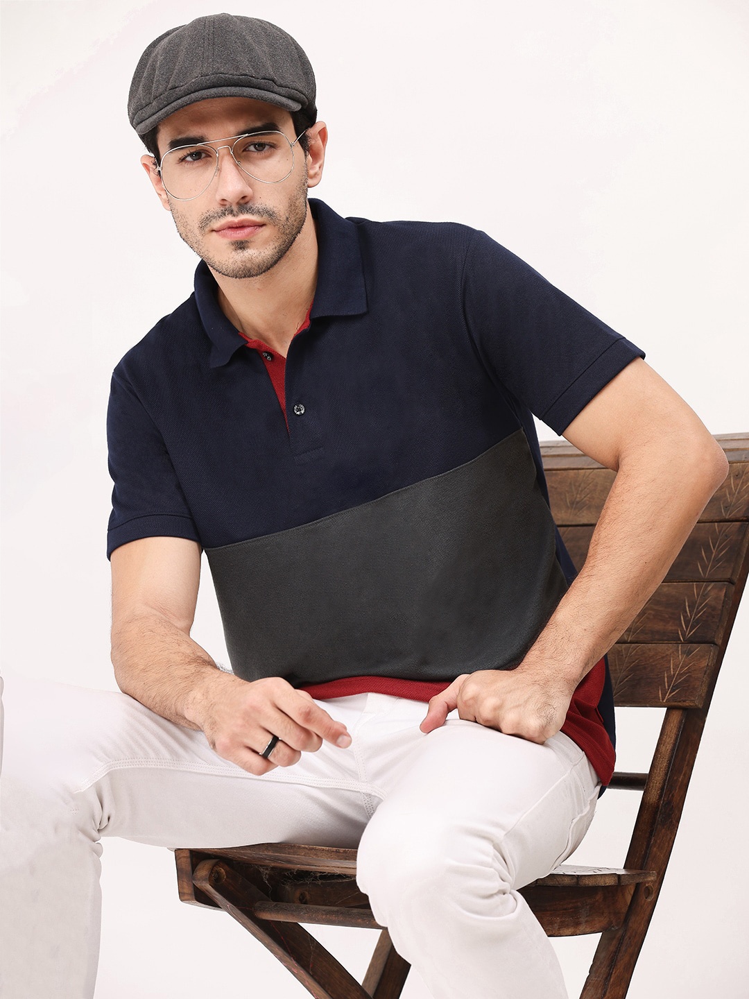 

Leotude Polo Collar Colourbocked Cotton T-shirt, Navy blue