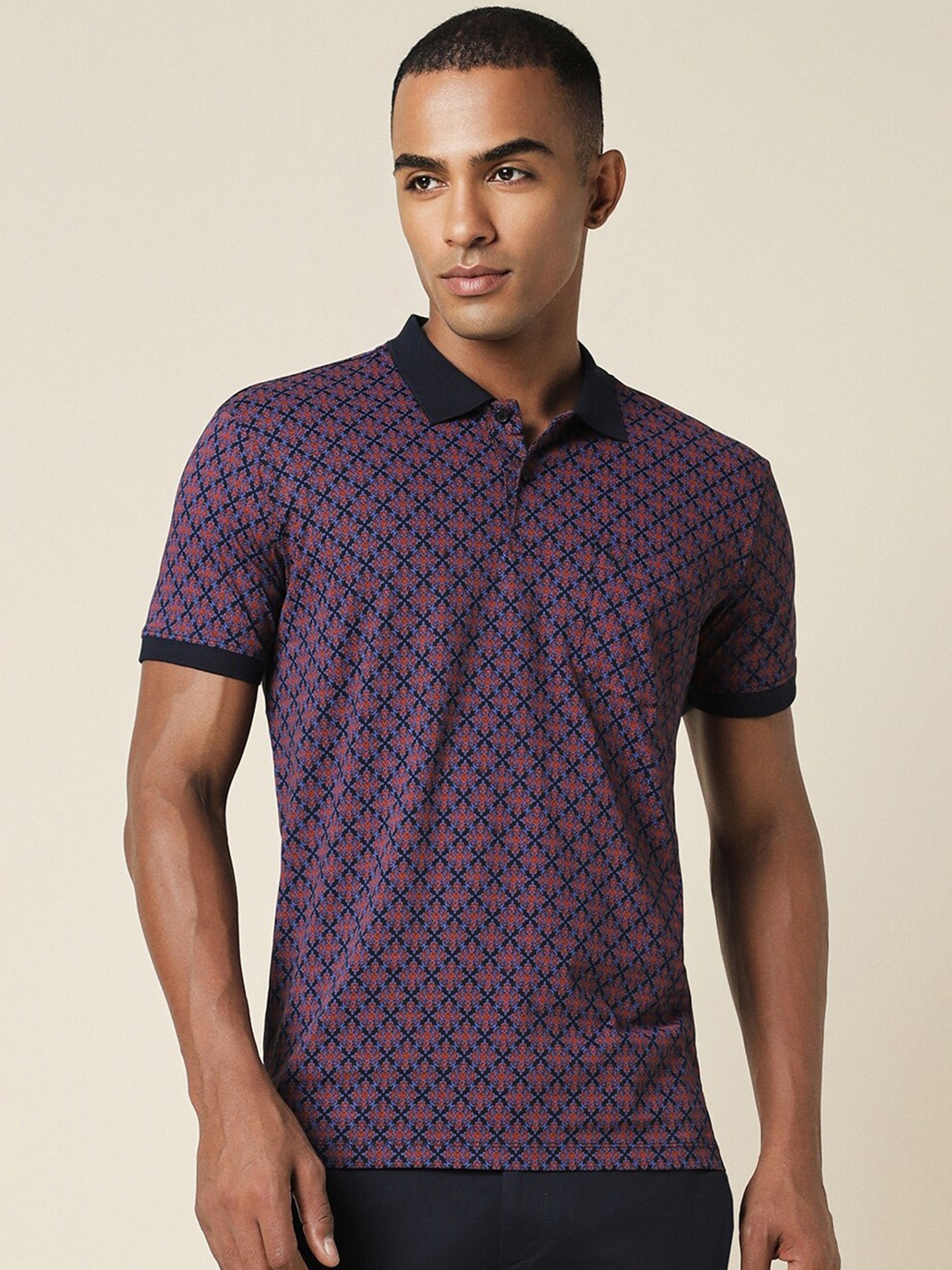 

Allen Solly Ethnic Motifs Printed Polo Collar Pure Cotton T-shirt, Purple