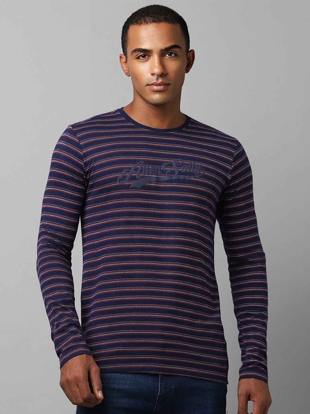 

Allen Solly Striped Pure Cotton Slim Fit T-shirt, Navy blue