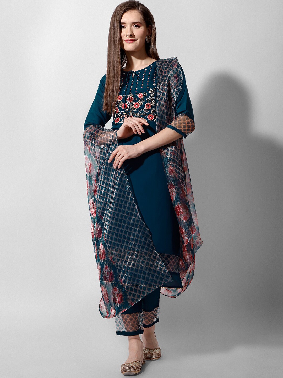 

KALINI Floral Embroidered Beads and Stones Regular Kurta with Trousers & Dupatta, Navy blue