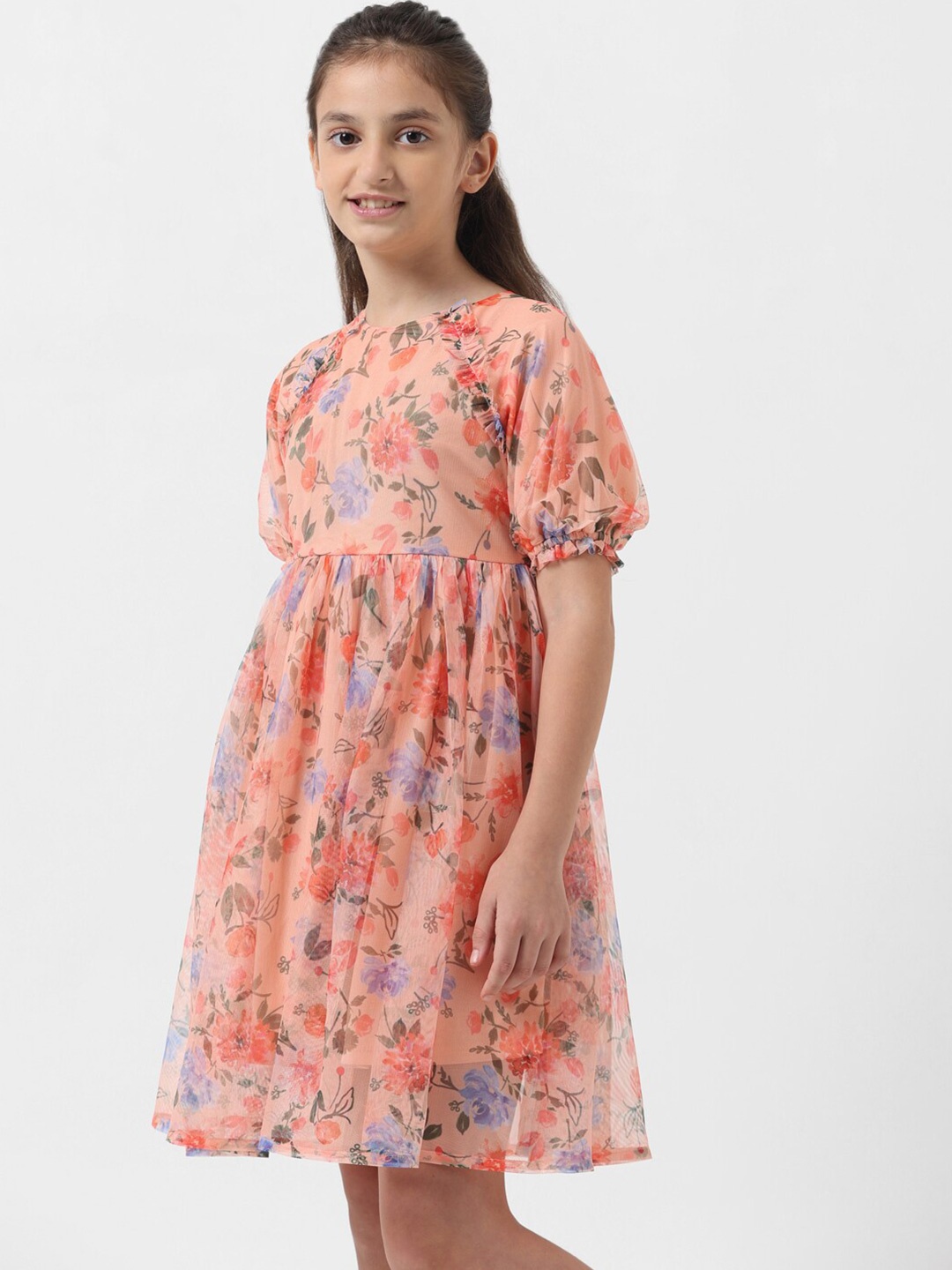 

Vero Moda Girls Floral Printed Puff Sleeves Gathered Fit & Flare Dress, Pink