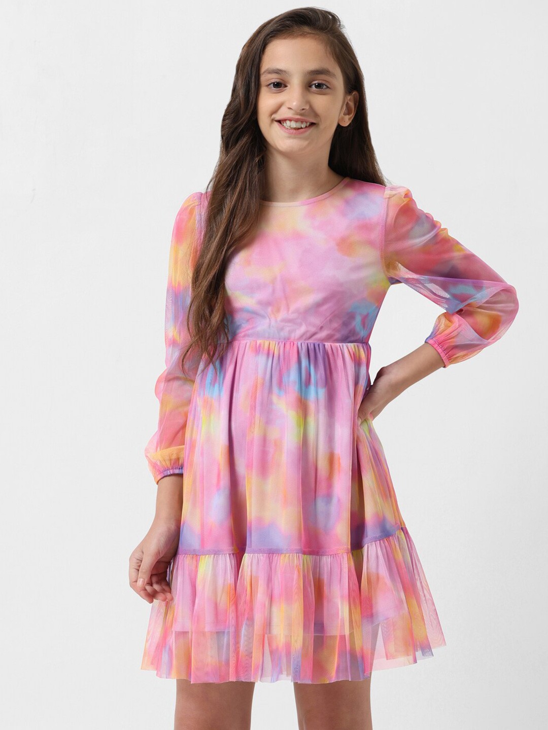 

Vero Moda Girls Abstract Printed Gathered Fit & Flare Holi Dress, Pink