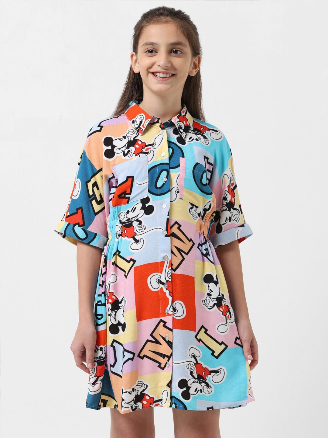

Vero Moda Girls Mickey Mouse Printed Shirt Collar Shirt Dress, Blue