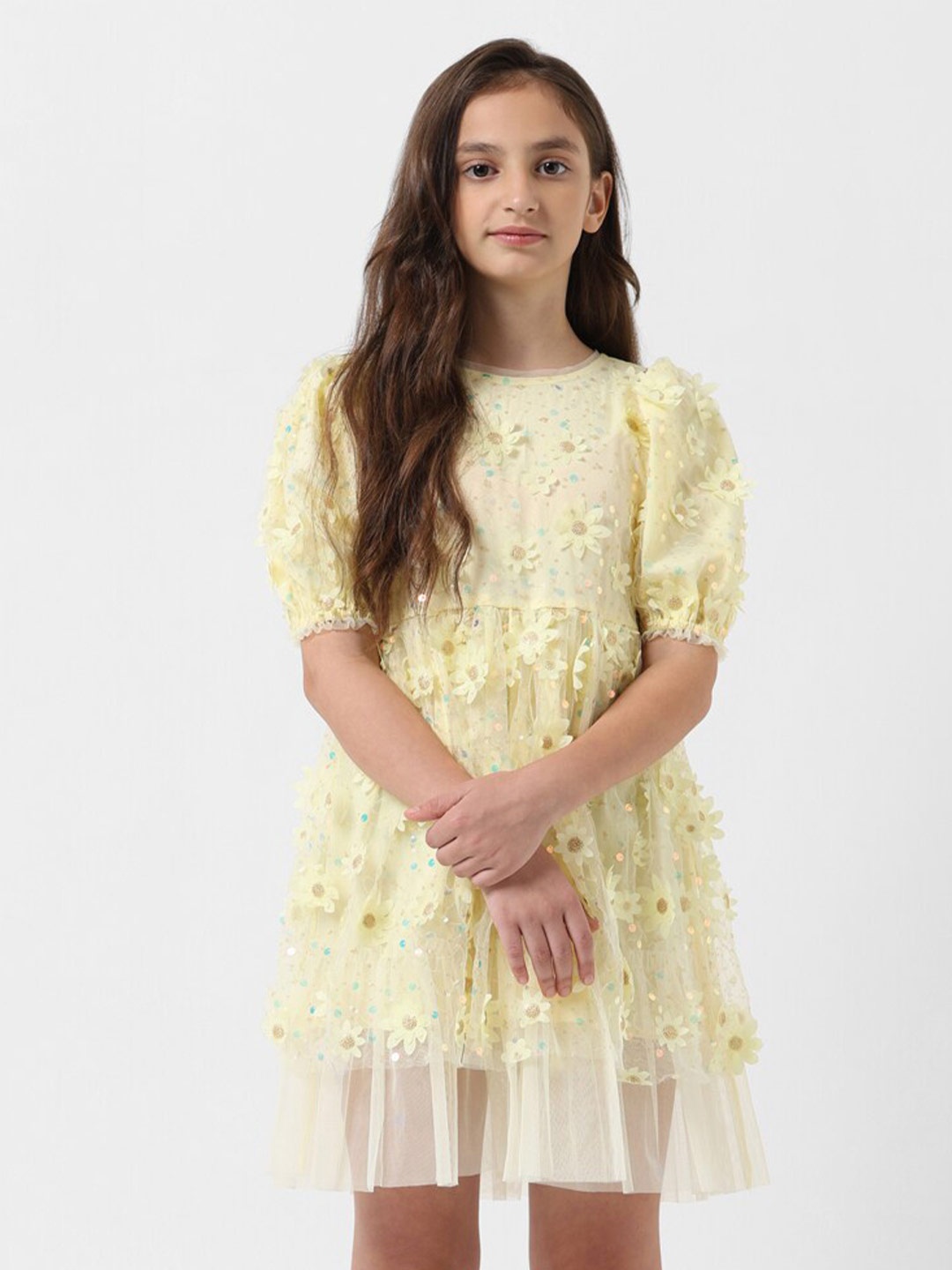 

Vero Moda Girls Floral Self Design Sequinned Fit & Flare Dress, Yellow