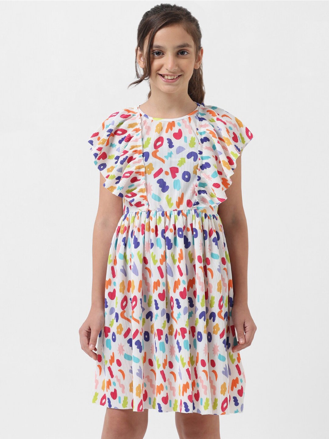 

Vero Moda Girls White Floral Printed Flutter Sleeve Fit & Flare Dress