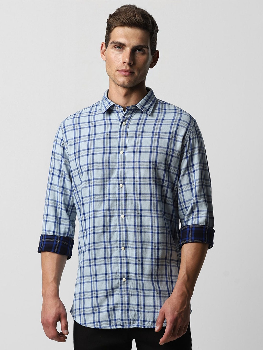 

VAN HEUSEN DENIM LABS Slim Fit Tartan Checks Opaque Pure Cotton Casual Shirt, Blue