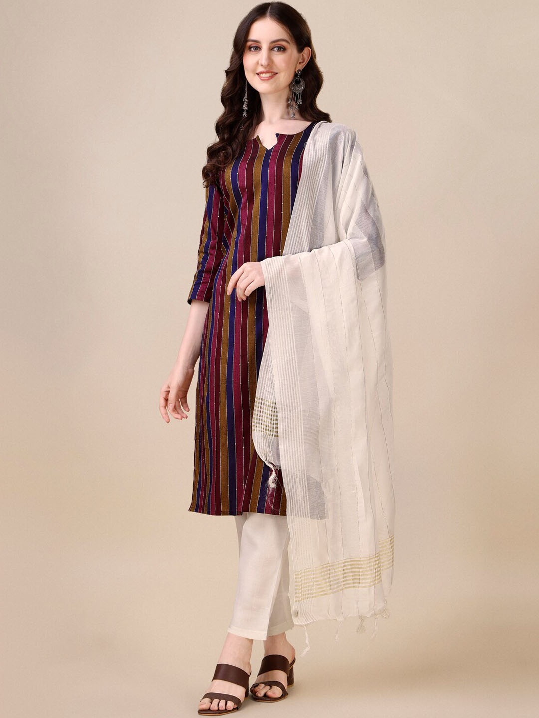 

Fashion Basket Striped Sequinned Regular Kurta with Trousers & With Dupatta, Red