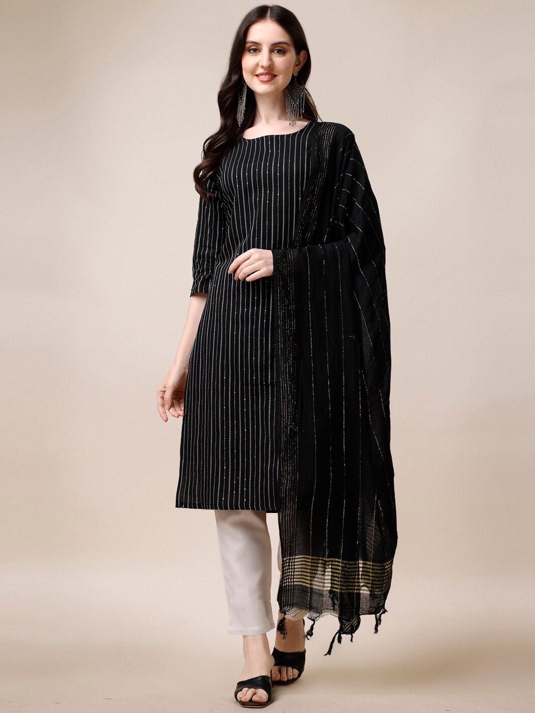

Fashion Basket Striped Sequinned Regular Kurta with Trousers & With Dupatta, Black