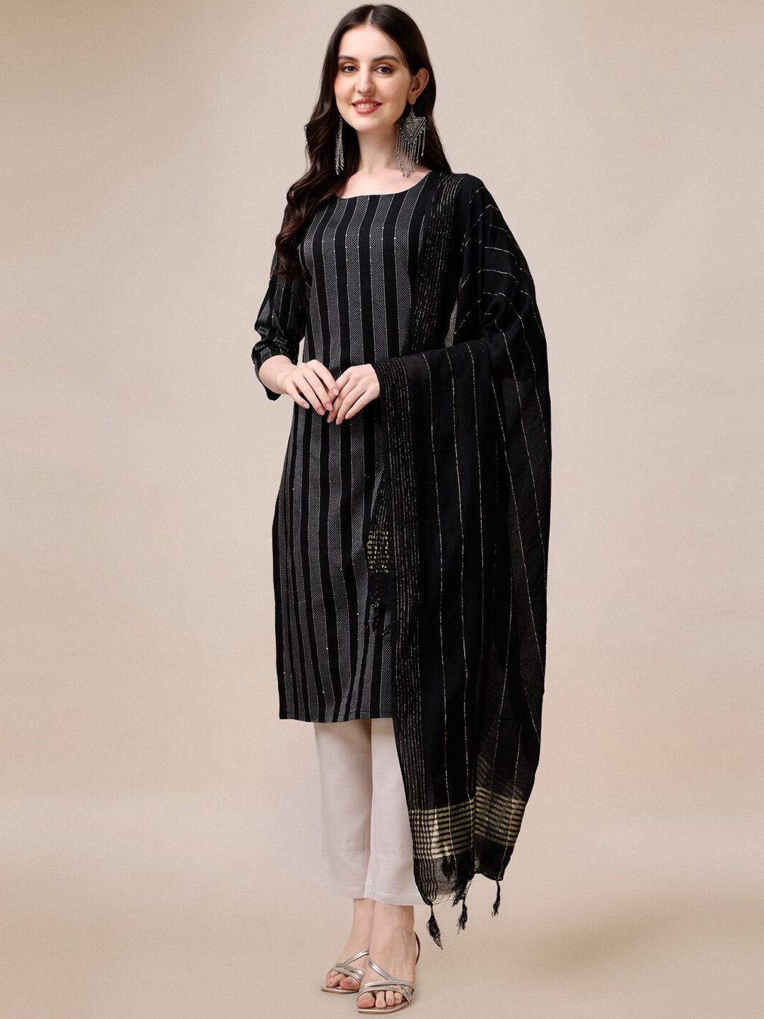 

Fashion Basket Striped Regular Kurta with Trousers & With Dupatta, Black