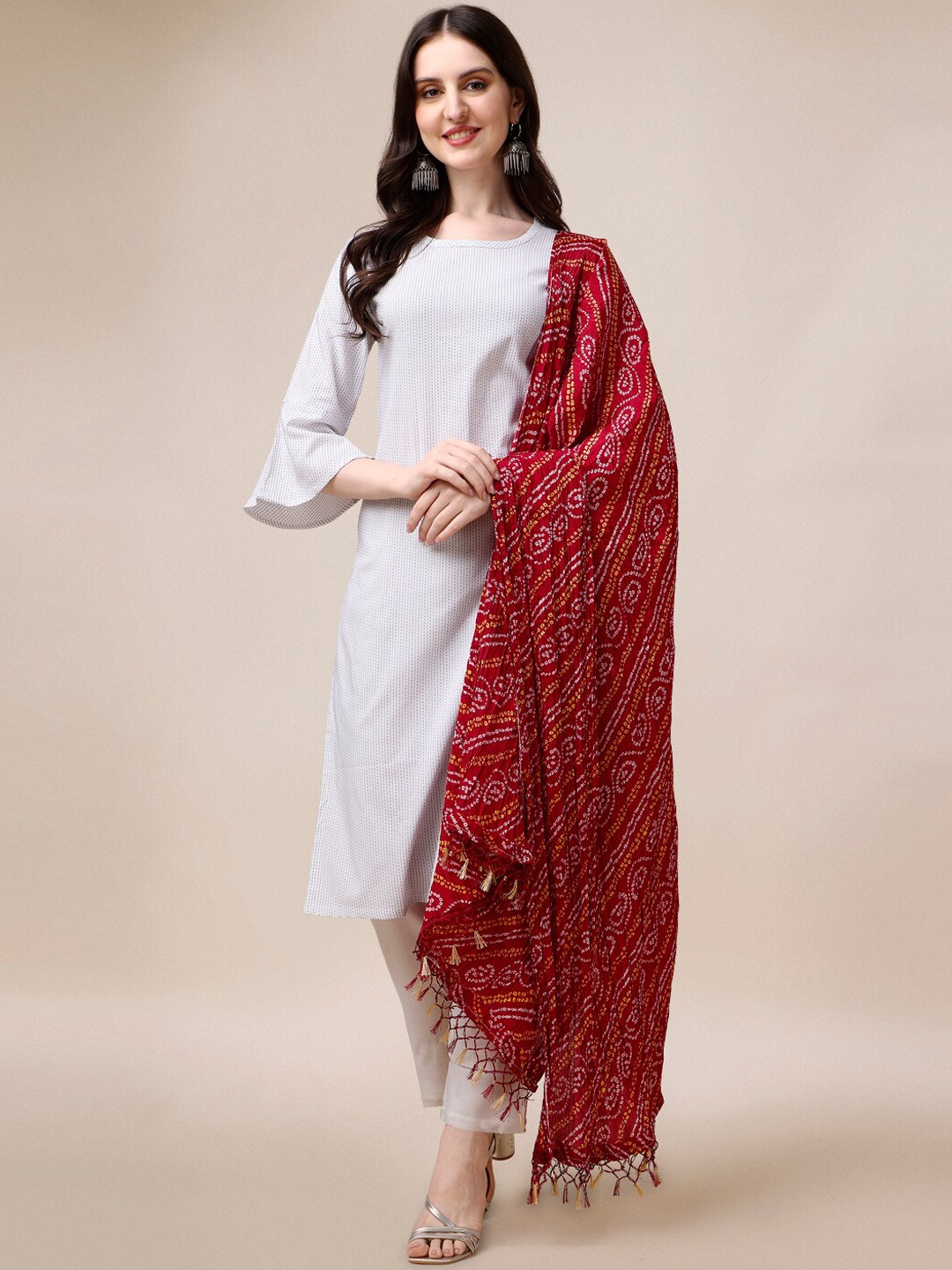 

Fashion Basket Striped Regular Kurta with Trousers & With Dupatta, White