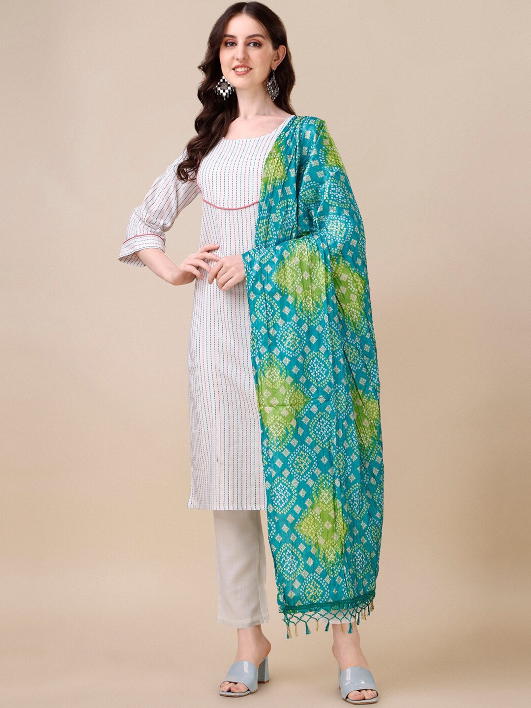 

Fashion Basket Striped Regular Kurta with Trousers & With Dupatta, White