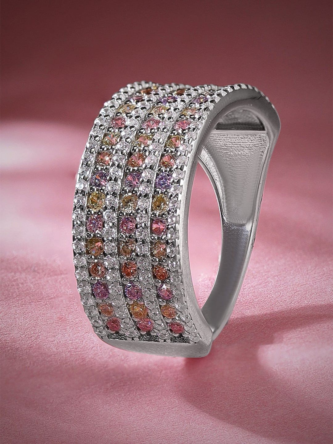 

Rubans Rhodium Plated Cubic Zirconia Finger Ring, Silver