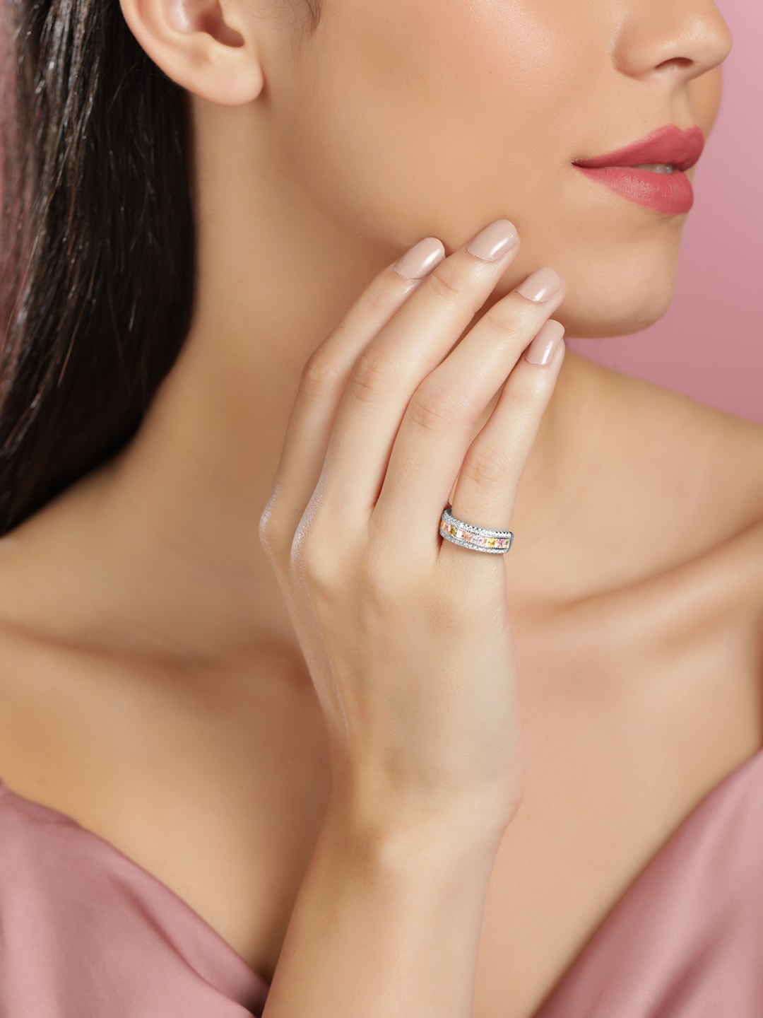 

Rubans Silver Rhodium-Plated Pave Zirconia Studded Finger Ring