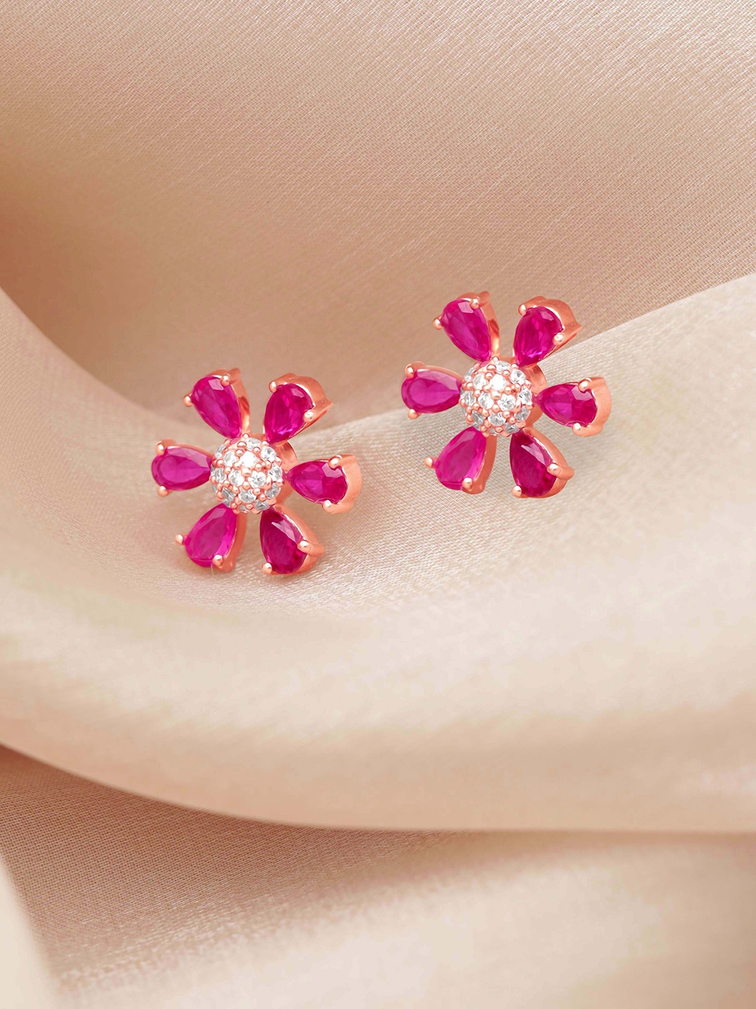

Rubans Silver Rose Gold-Plated Cubic Zirconia-Studded Floral Stud Earrings