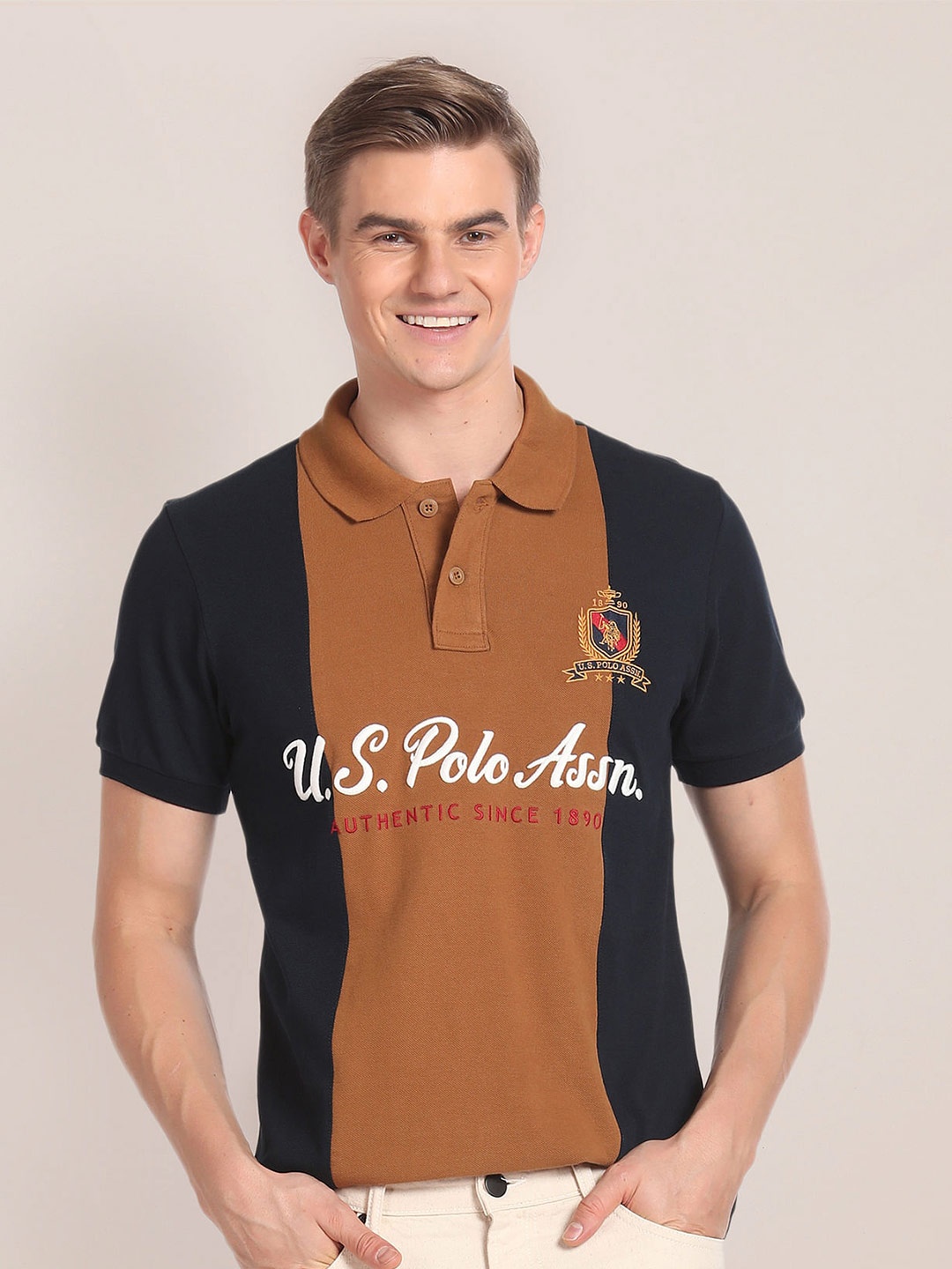 

U.S. Polo Assn. Colourblocked Polo Collar Pure Cotton T-shirt, Blue