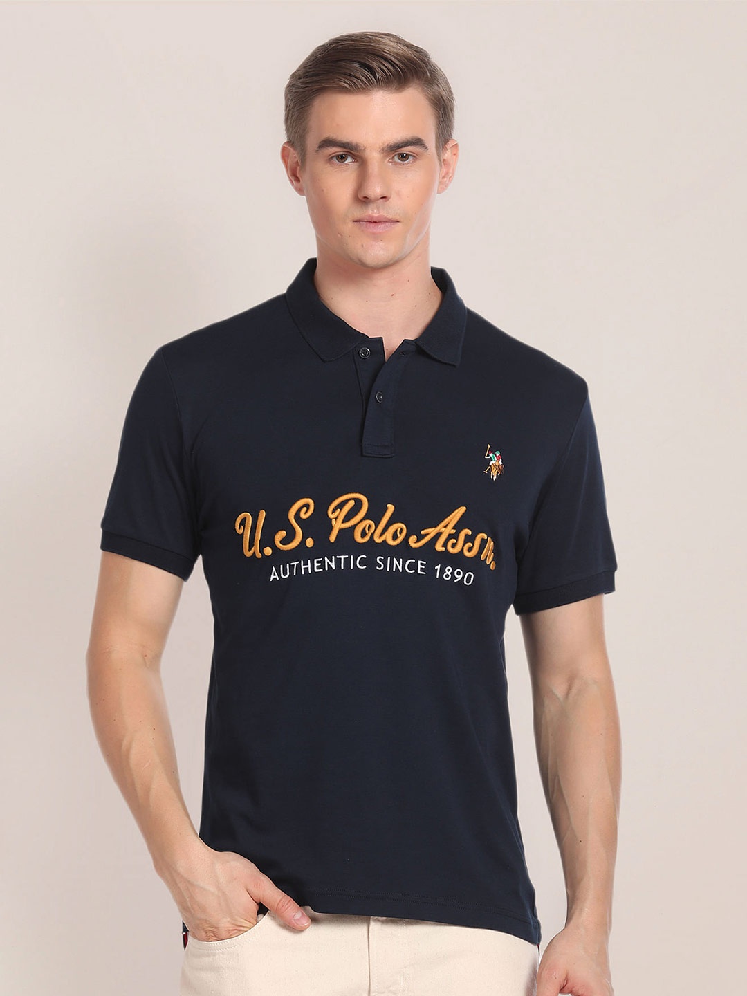 

U.S. Polo Assn. Typography Printed Polo Collar Pure Cotton T-shirt, Blue