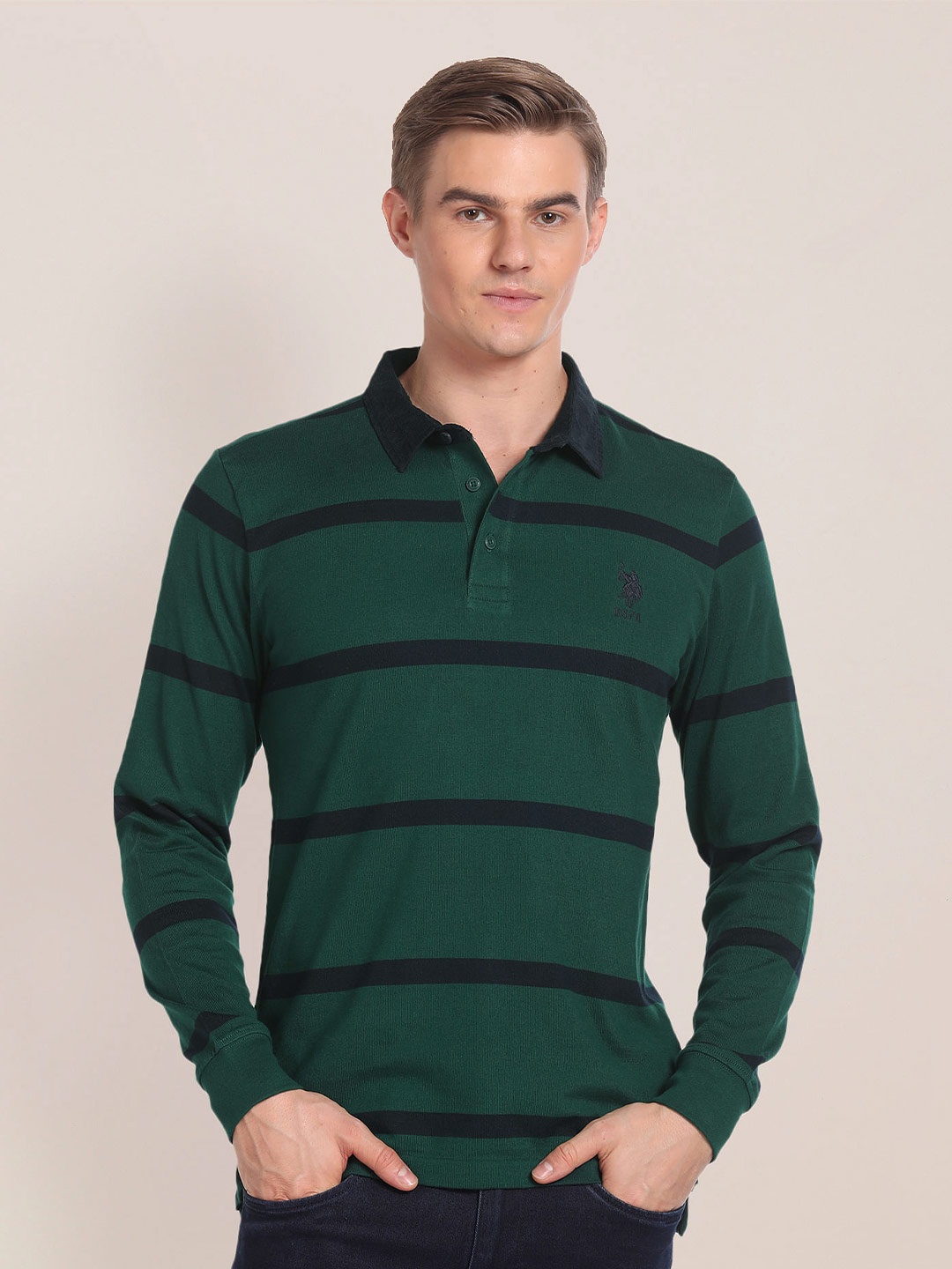 

U.S. Polo Assn. Striped Polo Collar Pure Cotton T-shirt, Green