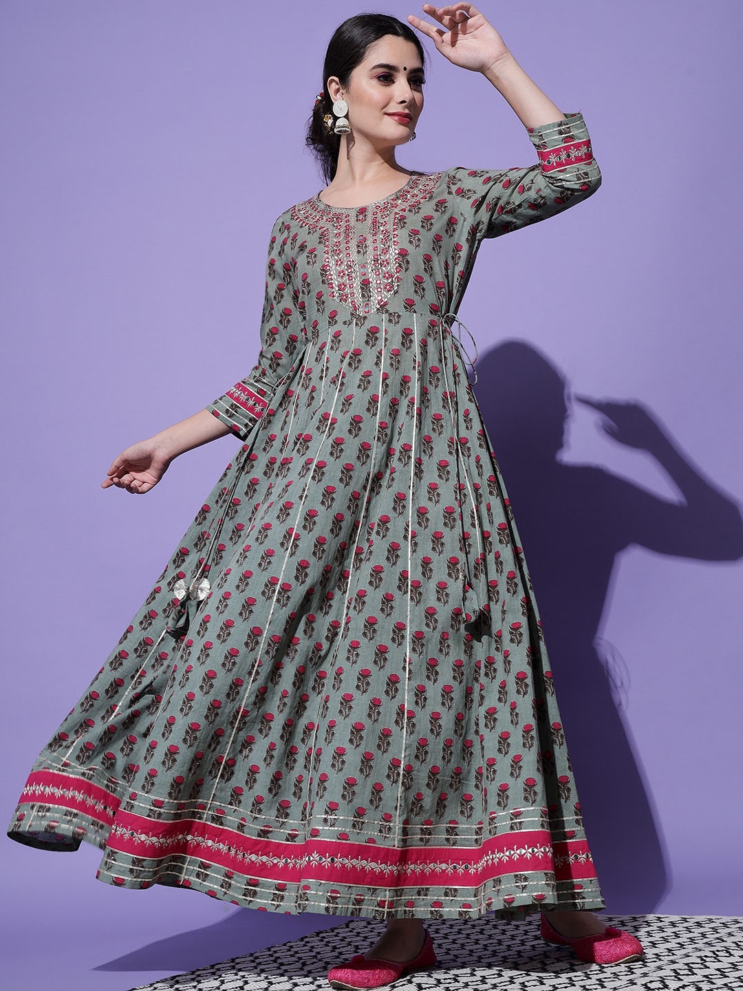 KALINI Floral Printed Pure Cotton Anarkali Kurta, Grey