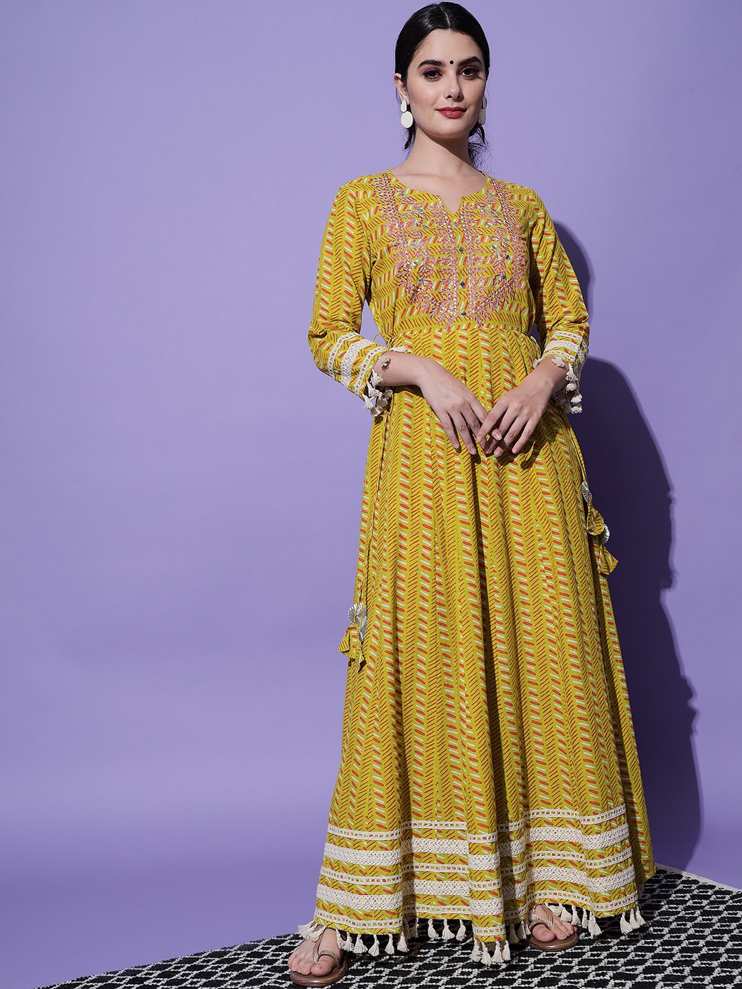 

KALINI Ethnic Motif Printed Pure Cotton Anarkali Kurta, Yellow