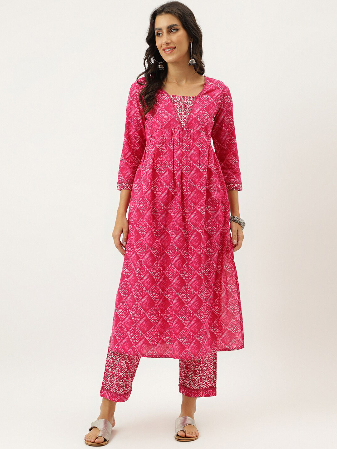 

Neemiya Geometric Printed Sequinned Pure Cotton Kurta with Trousers, Pink